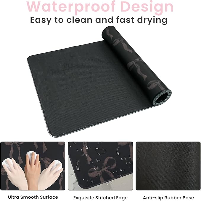 Black Desk Mat with Bows, Large Black Bow Mouse Pad Computer Mat Non-Slip Rubber Base, Cute Keyboard Mat Bow Desk Accessories Office Decor, Stitched Edge Girly Desk Pad for Girls, Women 23.6 x 11.8 in