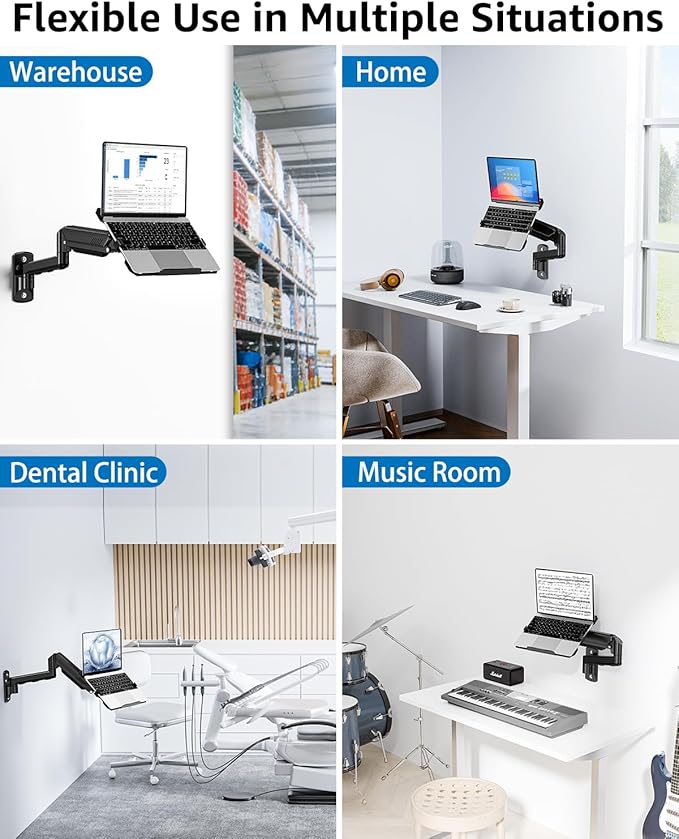 Laptop Wall Mount, 2-in-1 Monitor Wall Mount with Vented Tray fits Max 17" Notebook or 13-32" Computer Screen, Adjustable Laptop Arm Holds 4.4-22lbs, Gas Spring Laptop Holder Stand