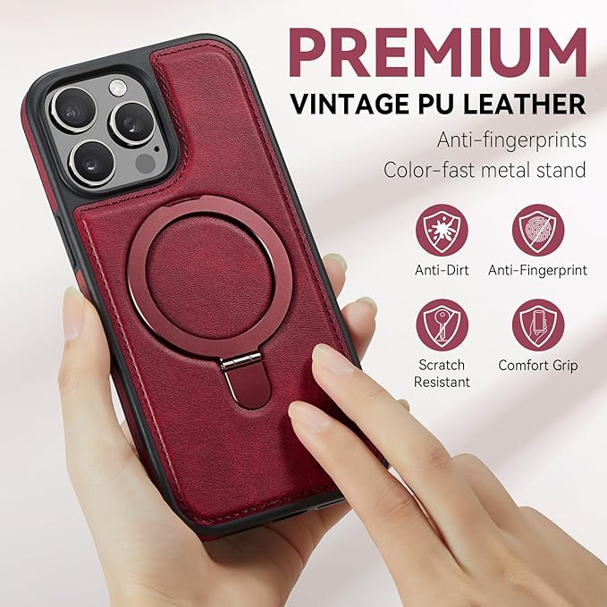 Compatible with iPhone 14 Pro Case with Stand, Compatible with MagSafe, Slim PU Leather & Durable TPU Protective Cover Drop-Proof with Tempered Glass Screen Protector 6.1", Red