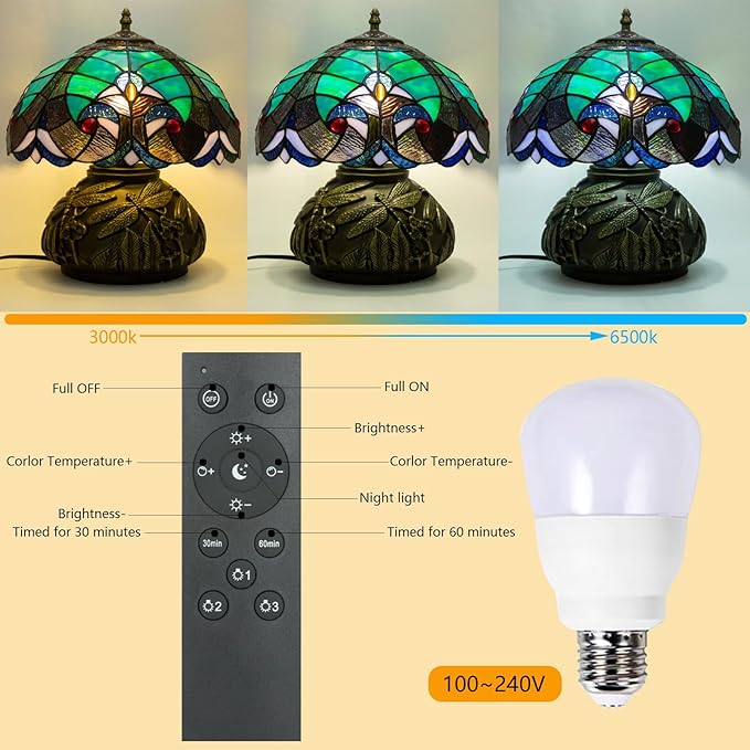Tiffany Style Table Lamp Dragonfly, Small Stained Glass Lamp for Bedside, Bedroom, Nightstand, Living Room, 12 Inch Mini Vintage Mushroom Desk Lights Included E26 LED with Remote Control