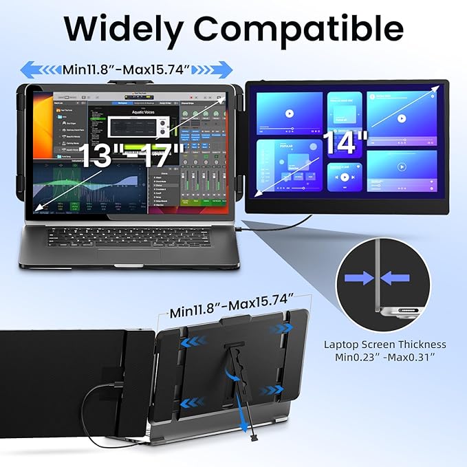 BOSII Laptop Screen Extender Monitor - 14 Inch Dual IPS FHD 1080P HDMI/USB-A/Type-C Extended Portable Monitor for Laptops (Maximum Length: 15.74") Compatible with Windows Mac Travel Work