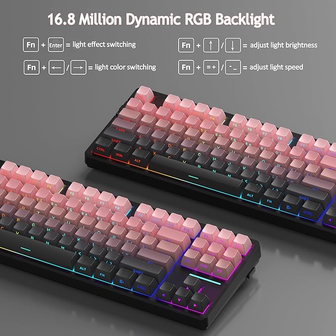 MageGee LIGHT87 Wireless Creamy Keyboard, Gasket Structure, RGB Backlit, 2.4G/USB-C/BT5.0 Hot Swappable Mechanical Gaming Keyboard for Win/Mac/PC, 8000mAh Battery, Side Printed PBT Keycaps, Pink