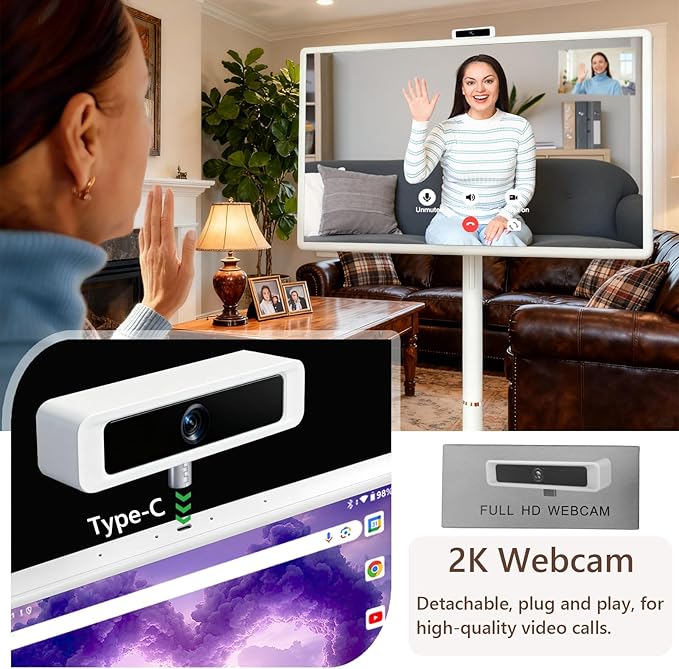OFD 32" FHD Smart Portable TV on Wheels,Rolling TV Stand Tablet Android15 OS,6+128GB Storage,Built-in 9600mAh Battery,8MP Webcam,Speaker,Portable Smart TV Touchscreen with Remote,EDLA,Fully Rotatable