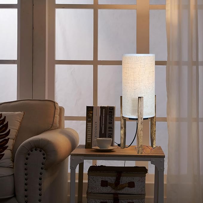 Bedside Table Lamp for Bedroom, Nightstand Wood Desk Lamp, Modern Accent Light 17.5" H with Cream Linen Shade for Living Room, E26