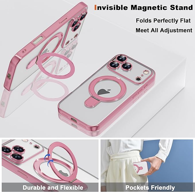 Compatible with iPhone 17 Pro Case with Invisible Magnetic Ring Stand [Compatible with Mag-Safe] [Full Camera Lens Protector] Plating Clear Phone Case for iPhone 17 Pro 6.3", Pink