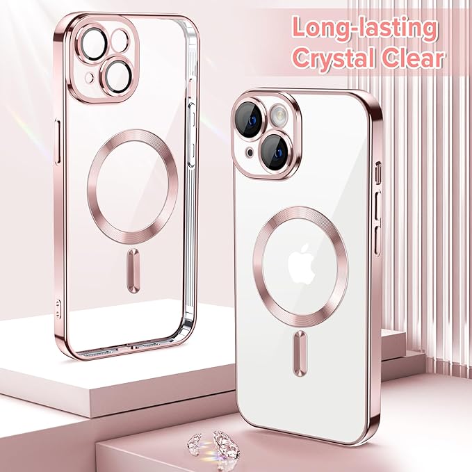 Hython Magnetic Clear for iPhone 14 Plus Case with Camera Lens Protector [Compatible with MagSafe] Luxury Plating Edge Slim Soft TPU Cover Protective Phone Case for iPhone 14 Plus 6.7", Pink