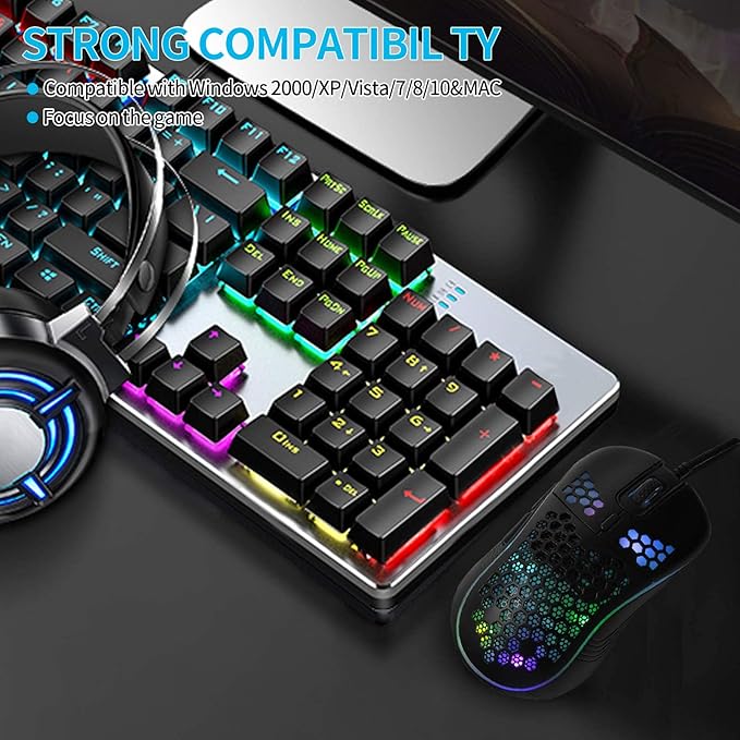 Techsea Honeycomb Wired Gaming Mouse with RGB On/Off Switch, 7200 Adjustable DPI, Ergonomic Lightweight Design & High Precision Sensor for PC/Mac Gamers (Black)