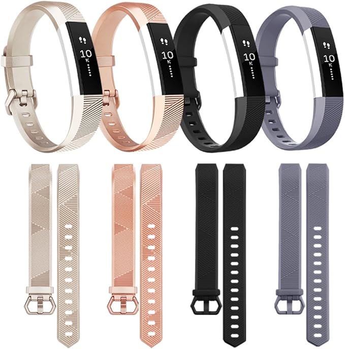 Tobfit 4 Pack Bands Compatible with Fitbit Alta/Alta HR Bands, Soft Sport Silicone Replacement Wristbands for Women Men (Large, Black/Champagne Gold/Rose Gold/Gray)