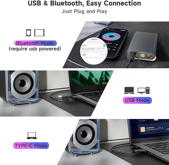 SOULION 2.0 Computer Speakers, 10W USB-Powered Bluetooth Wired PC Speaker with Easy-Control Pod for Desktop, Tiny Desk Soundbar with 5 Mirror-Like LED Light Modes for Monitor Laptop Gaming Music Black