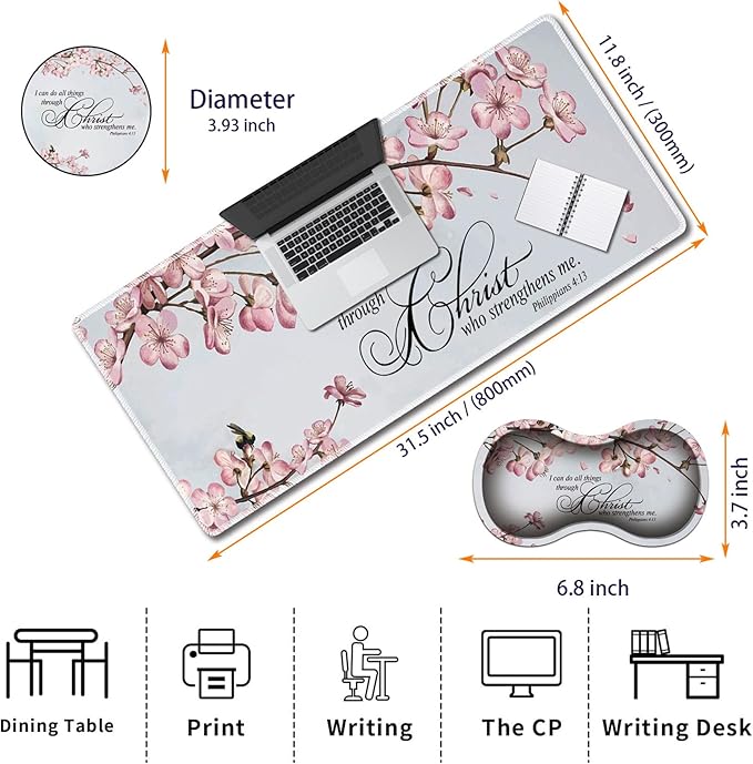 Durable Desk Mat + Wrist Rest Pad + Coasters Set, Large Gaming Office Mouse Pad 31.5 "x 11.8", Extended Non-Slip Rubber Keyboard Pad, Laptop & Home, Philippians 4-13