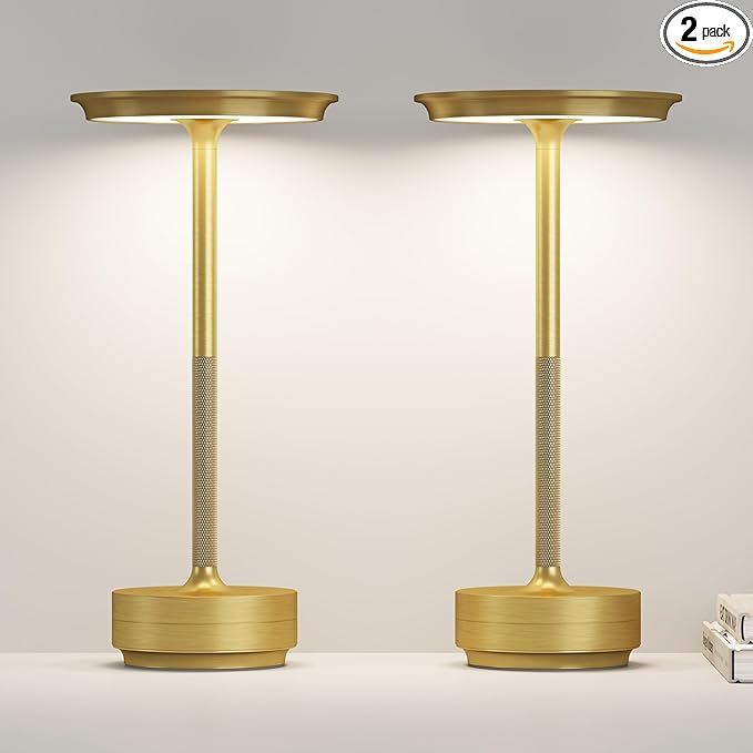Cordless Rechargeable Table Lamp,LED Portable Touch 5000mAh Battery Operated Table Lights,with Memory Function 3-Level Brightness for Patio,Bars,Outdoor Camping,Dining,café(2P Gold)
