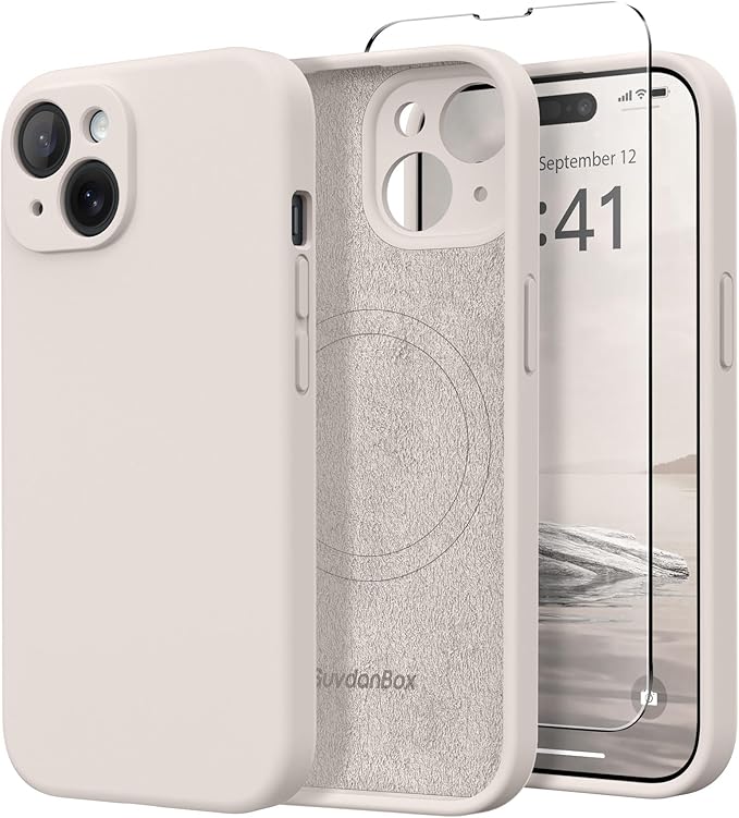 Magnetic for iPhone 14 Case, Compatible with MagSafe, [Full Camera Protection][Screen Protector] Silicone Shockproof Protective Phone Case for iPhone 14 6.1 inch, Stone