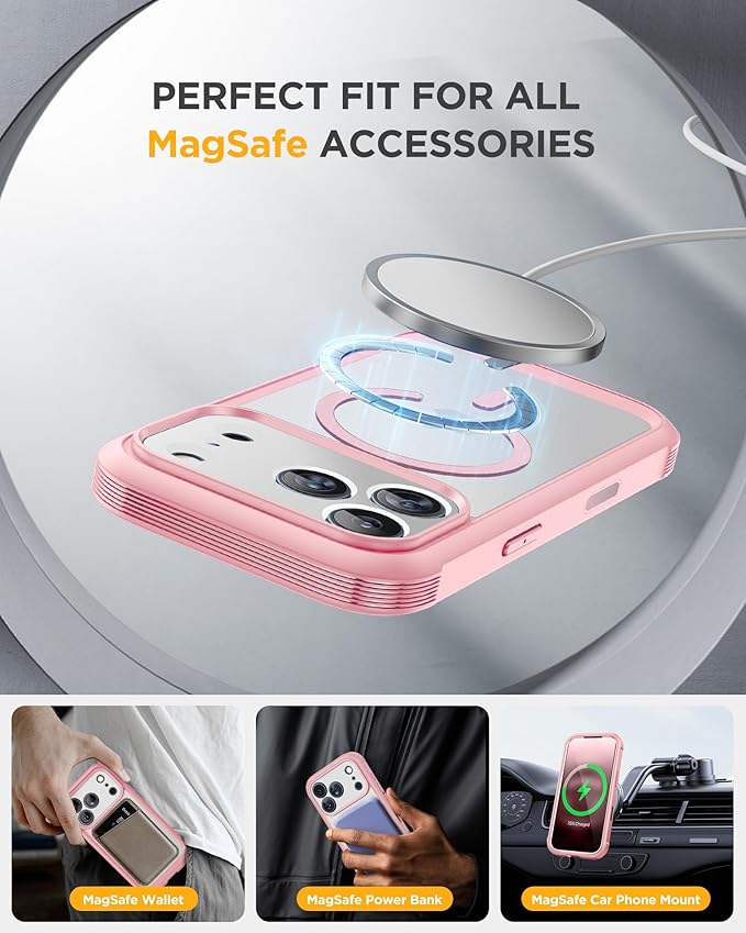 Miracase Magnetic for iPhone 17 Pro Case 6.3" [Compatible with MagSafe] Full-Body Phone Case with Built-in Glass Screen Protector & Camera Control,Drop Proof iPhone 17 Pro Cover, Pink