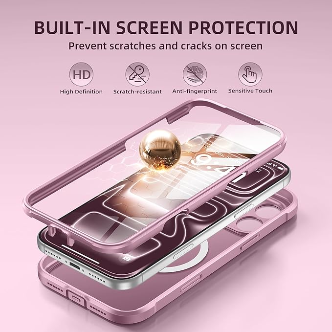 BERFY for iPhone 17 Pro Case, Compatible with MagSafe, Built-in Glass Screen Protector, Camera Protection, Shockproof Full Body Phone case 6.3", Translucent Palevioletred