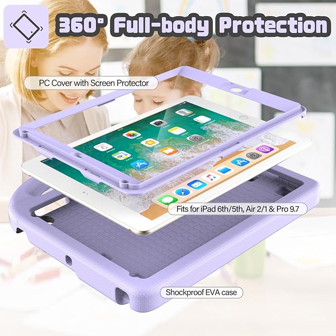 YIHE Shockproof Kids Case for iPad 6th/5th Generation (9.7 inch, 2018/2017), iPad Air 2/1 & Pro 9.7 | Durable Protective Cover with Built-in Screen Protector & Stable Stand, Light Purple