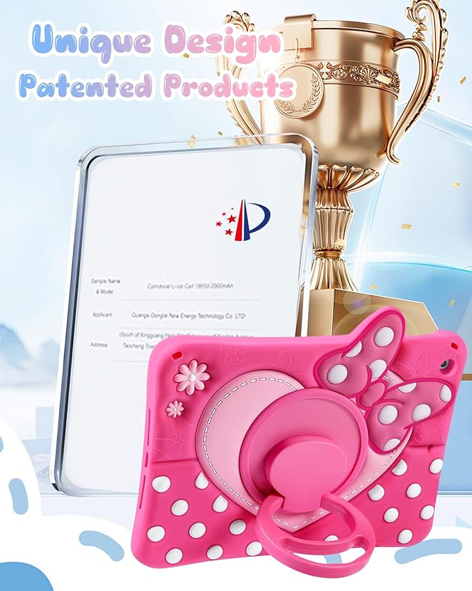 Boaretiu Kids Case for iPad 9th/8th/7th Generation 10.2 Inch 2021/2020/2019 - Cute Girly Cartoon Soft 3D Silicone Cover with Strap & Rotating Stand for Girls Teens, Bow Heart