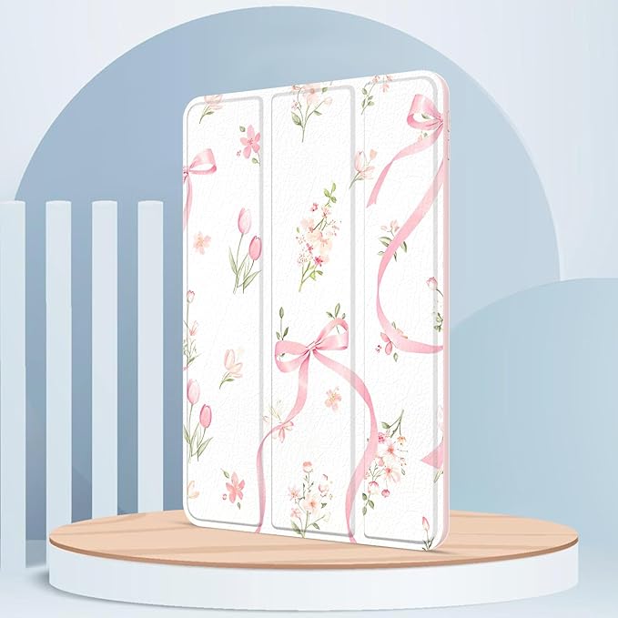 Case for iPad 9th / 8th / 7th Generation (2021/2020/2019) 10.2 inch, Case with Pencil Holder, Stand Clear Back Cover Cute Cool Design for Women Girls, Auto Sleep/Wake, Bow Tulip