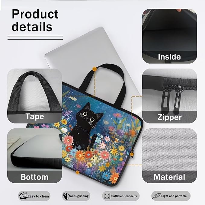 Art Cat Shockproof Portable Laptop Sleeve Case 12 Inch for Men and Women Neoprene Cover Soft Carrying Travel Case Fit Dell Lenovo Toshiba HP Chromebook (Whimsical Floral)