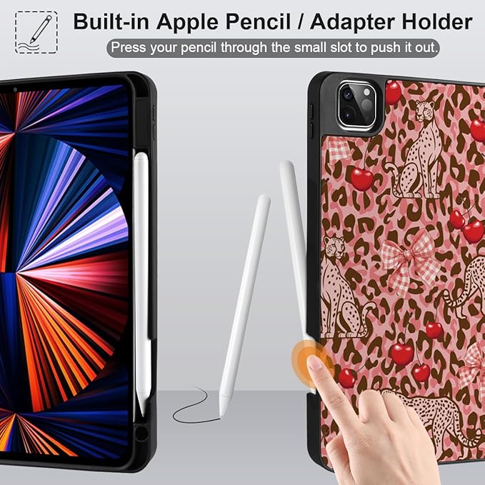DONGKE Case for 2022/2021/2020/2018 iPad Pro 11 inch Gen 4/3/2/1 - Slim Protective Case - Built in Pencil Holder Support Charging - Trifold Stand & Sleep/Wake Cover- Cheetah Bow