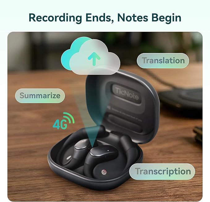 Mobvoi TicNote Pods Wearable AI Voice Recorder with 4G, No Phone Needed, Voice Activated, AI Transcription & Translation,Auto Transcription & Meeting Notes,120+ Languages, 5-Hour Battery,Blue