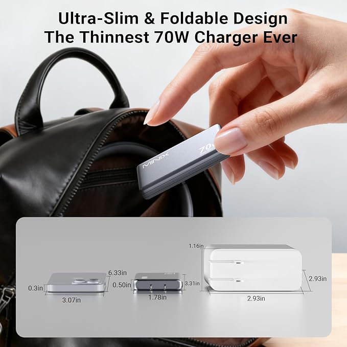 MINIX 70W Flat USB C Wall Charger Block, Slim & Flodable Dual Type C GaN Charger Plug Fast Charging for iPhone 17/16/15 Series, MacBook Air, iPad Pro, Galaxy S25/S24, Pixel 10/9, Steam Deck