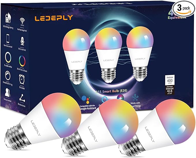 A15 LED Smart Bulb, Compatible with Alexa, Google Home, E26, 5W=40W, Color Changing, Dimmable WiFi Light Bulbs, 2.4GHZ WiFi Only, No Hub Required, 3 Pack