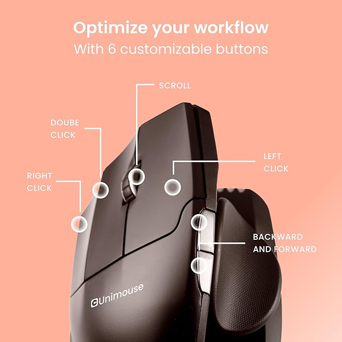 Contour Unimouse Ergonomic Vertical Mouse Adjustable 35°-70° Tilt Angle, 6 Programmable Buttons for Productivity, Customizable Thumb Rest for Wrist Pain Relief | Plug & Play Mac/PC - Wireless - Left