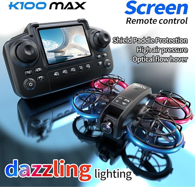 K100 Mini Drone with Screen Controller with SD Card, Two-batteries, Optical Flow Positioning, All-round Protection for Flight Paddles, Suitable for Beginner. (2 batteries - Black)