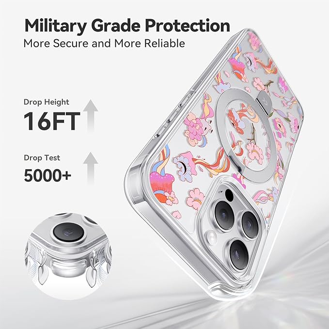 CASEKOO Floral Series [ArtCollab x Leah Han] Floral Jellyfish for iPhone 16 Pro Max Case with Magnetic Ring Stand [Compatible with MagSafe] [Military-Grade Protection] Clear Back, Soft Edge, for Women