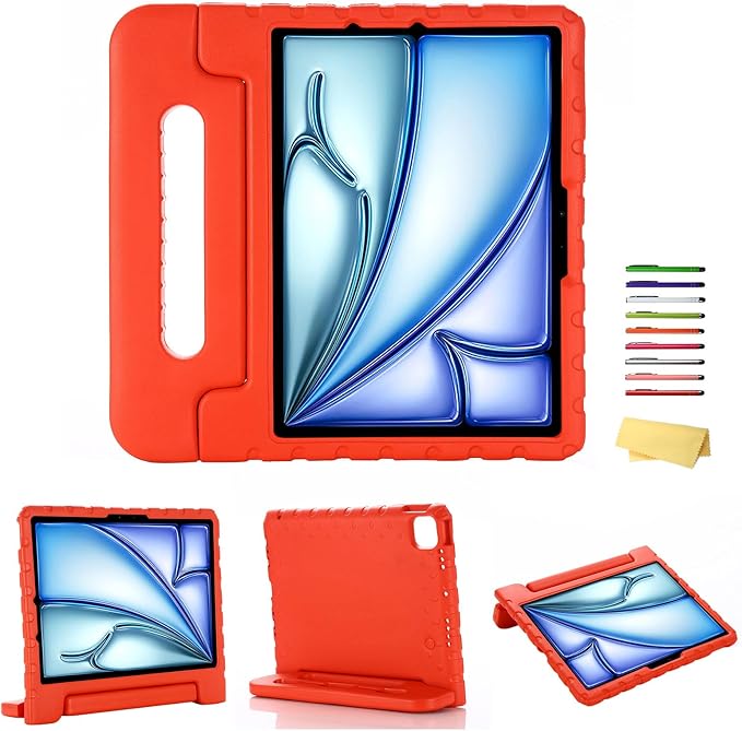 for iPad Air 11-inch Case M3/M2 (2025/2024) for Kids with Pencil Holder/Kickstand, Anti-Slip Handle Stand Lightweight Soft EVA Foam Shockproof Rugged Bumper Tablet Protective Cover, Red