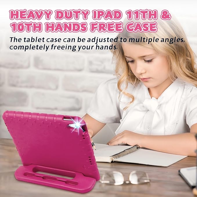 Case for iPad 11th A16/10th Generation with Pencil Holder & Handle Stand, Super Protection Kids Proof Cute EVA Cover for 11"/10.9" iPad 2025 & 2022 - Rose Red