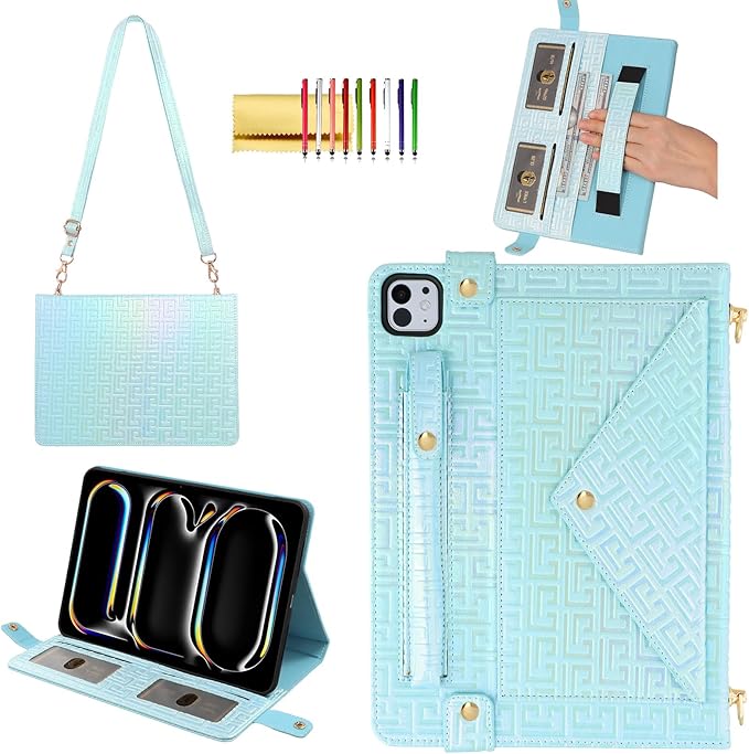 Shiny Case for iPad Pro 13" M5 M4 (2025/2024) Handbag Case, Techcircle Iridescent PU Leather Folio Envelope Pocket Stand Cover with Hand Strap+Shoulder Strap+Pencil Holder+Card Slots, Shiny Blue
