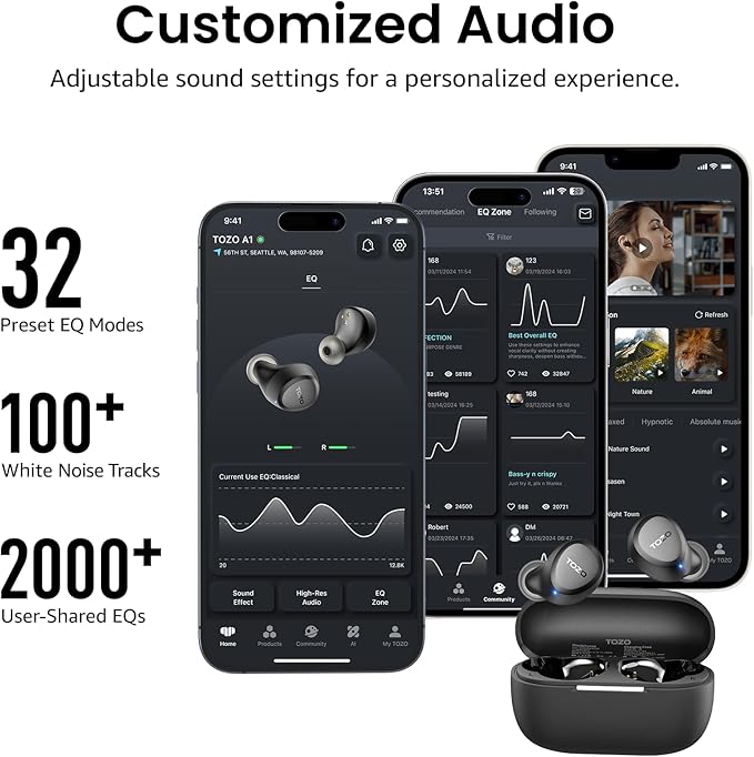 TOZO A1 Wireless Earbuds Bluetooth 5.3 Light Weight in Ear IPX5 Waterproof Headphones 2 Mic for AI Calls, Immersive Premium Sound Bass Headset with Charging Case, 32 Presets EQ Customization via App