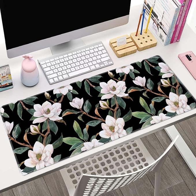 Floral Desk Mat Dark Vintage Aesthetic Desk Pad Flowers Black White Green Extended Mouse Pad Large Gaming Mousepad XL Laptop Computer Mouse Keyboard Mat 31.5 x 11.8 in for Office Desk Decor
