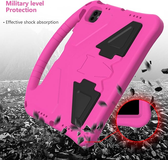 Kids Case for iPad Pro 11 inch M5/M4 (2025/2024) with Kickstand/Pencil Holder/Handle Stand Lightweight Soft EVA Foam Shockproof Heavy Duty Rugged Protection Kids Girls Boys Cover, Rose