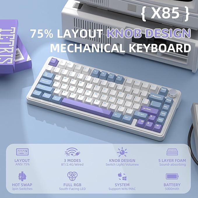 YINDIAO X85 Wireless Mechanical Keyboard, TKL 82 Keys Bluetooth 5.0/2.4GHz/USB-C Hot Swappable Custon Keyboard, Knob Control, Gasket Structure, RGB Backlit Gaming Keyboard for PC/Mac/PS4/Xbox (Purple)