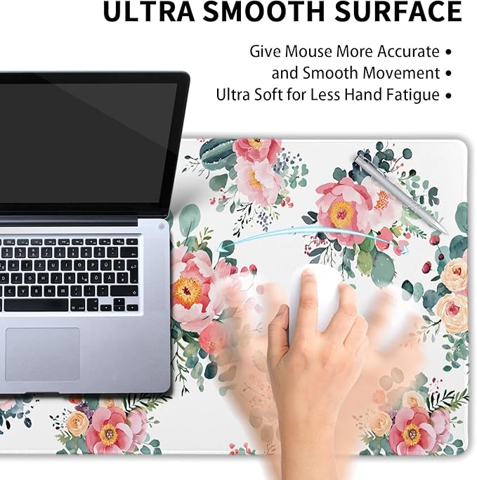 Pink Floral Mouse Pad Large Watercolor Pink Floral Mouse Pad Extended Non-Slip Mousepad with Stitched Edges 35.4x15.7 Inch Non-Slip Rubber Base Desktop Protectors Mats for Home Office Accessories