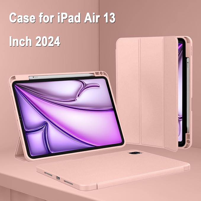 ZryXal New iPad Air 13 Inch Case M3 2025/M2 2024 with Pencil Holder, Trifold Stand Smart Case with Soft TPU Back,Auto Wake/Sleep(Rose Gold)