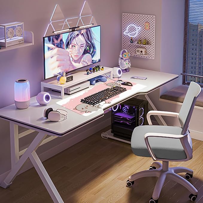 Pink Large Gaming Mouse Pad Cat Desk Pad XXL Cute Mouse Mat 35x15.7x0.12 inch Desk Accessories Kawaii Keyboard Pad (Pink -7)