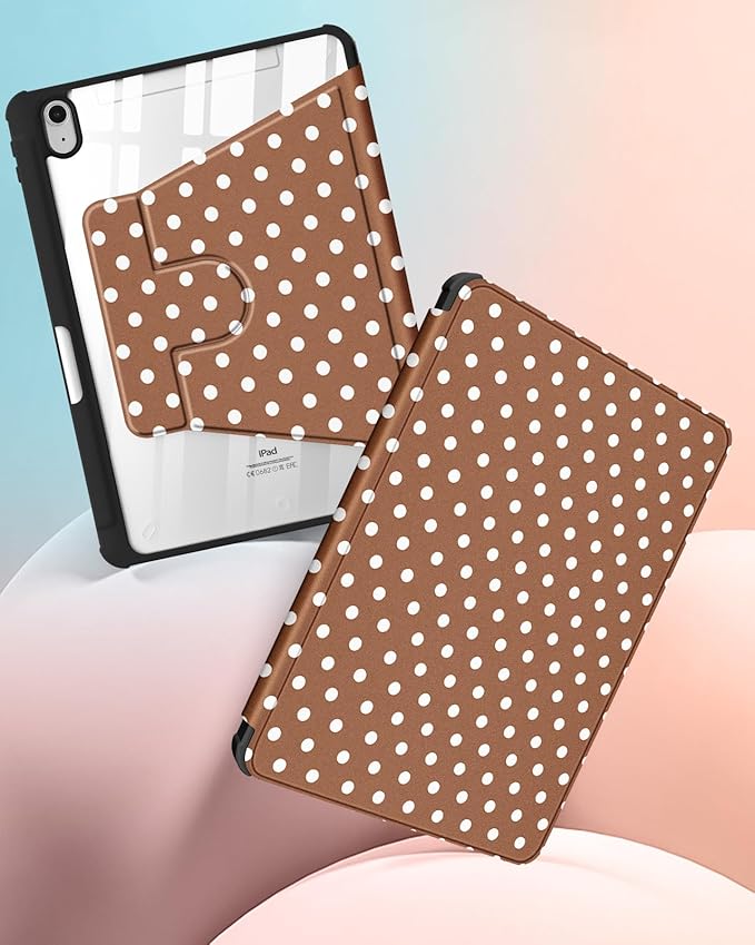 Uppuppy for iPad A16 Case for iPad 10th Generation Case 10.9 inch - 360 Degree Rotating Stand Folio Smart Cover with Pencil Holder for Women Girls, Brown Polka for Apple Tablet 10th 2022/11th 2025