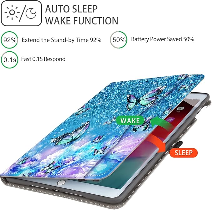 Case for iPad 9th/8th/7th Generation 10.2 Inch 2021/2020/2019 with Pencil Holder for Women Girls Adjust Angle View Case with Pocket/Hand Strap/Auto Wake/Sleep, Flowers Butterfly