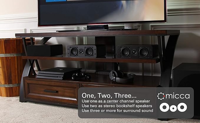 Micca OoO Passive Slim Bookshelf Speakers with 3-Inch Woofers and Silk Tweeter, Thin Design Under 4" Wide, for Desktop Stereo or Home Theater Surround Sound, Wall Mountable, Pair, Dark Walnut
