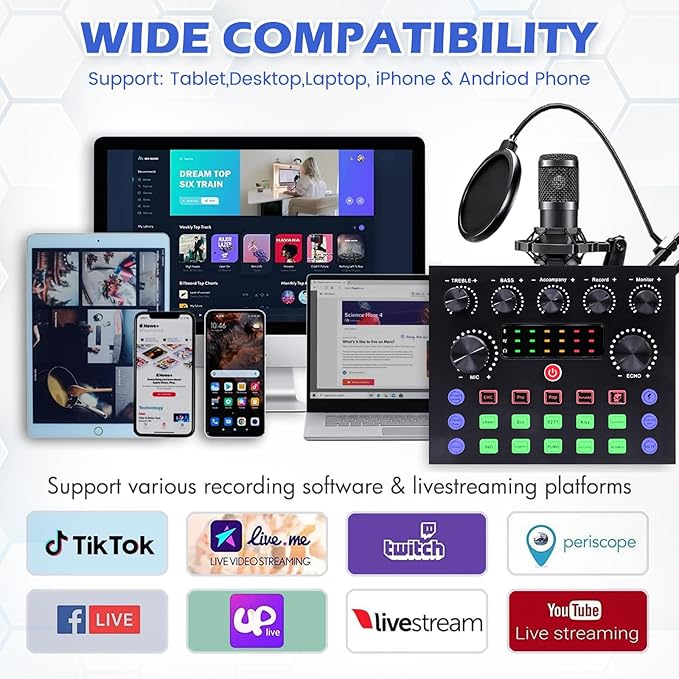 Podcast Equipment, Podcast Equipment Bundle with BM-800 Microphone & V8s Sound Card, Recording Studio Equipment for Singing, Gaming, Live Streaming and YouTube Tiktok
