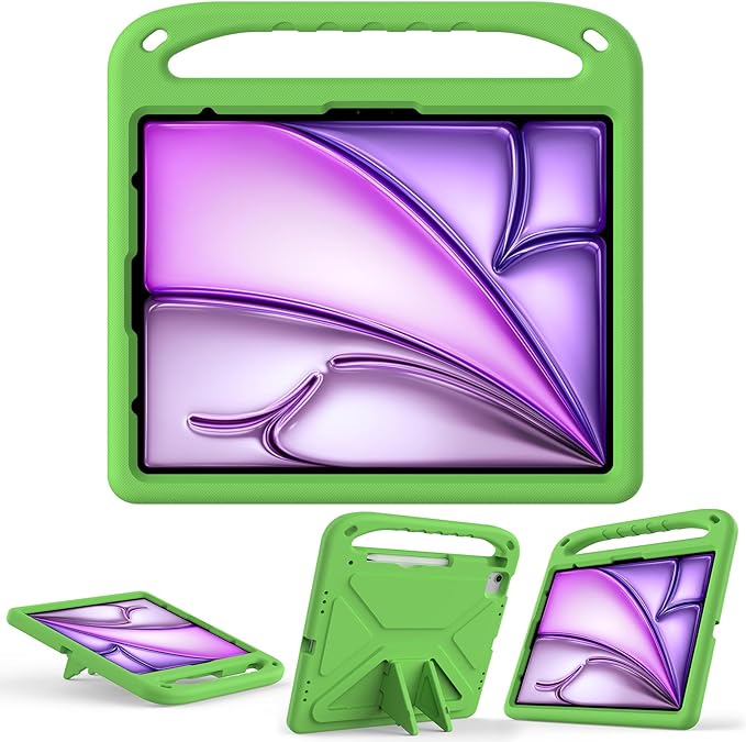 for iPad Air 11" M4 M3 M2 2026 2025 2024 Case for Kids, iPad Pro 11 Inch M5 M4 Case 2025 2024, Soft EVA Handle with Shoulder Strap Stand Cute Kids Friendly Bumper Cover, Green