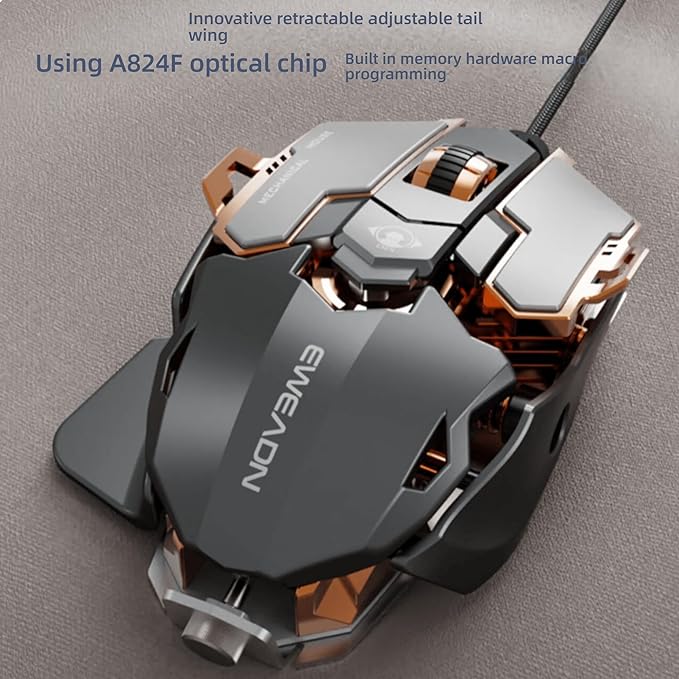 Professional Gaming Mouse, 12800 DPI Optical Sensor, RGB Lighting, Aluminum Chassis, Silver Gray, with Macro Programming and Retractable Wing