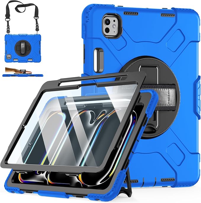 Case for iPad Pro 11 M5 2025/ M4 2024: Protective Cover for iPad Pro 11 Inch 5th Generation with Screen Protector- Stand- Handle- Shoulder Strap- Pencil Holder-Black+Blue