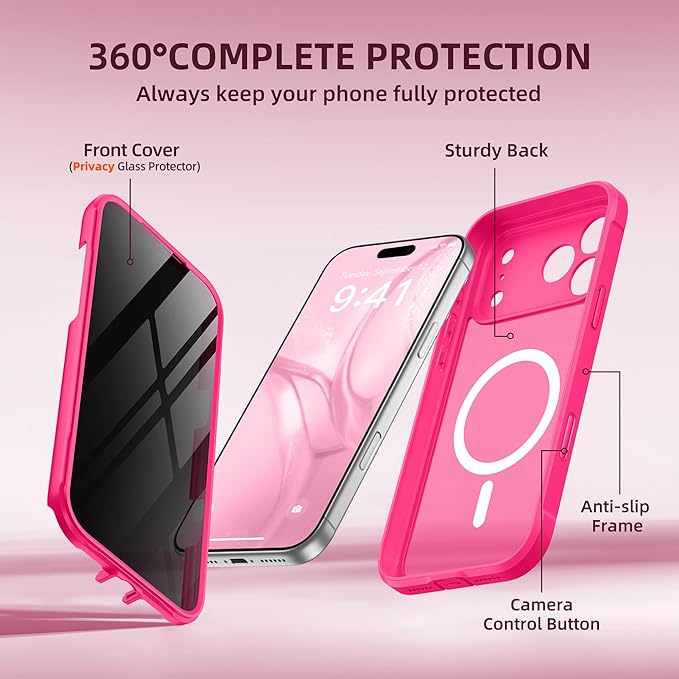 BERFY for iPhone 17 Pro Case, Compatible with MagSafe, Built-in Privacy Screen Protector, Camera Protection, Shockproof Full Body Phone Case 6.3", Translucent Hot Pink