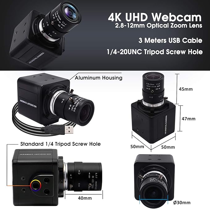 SVPRO 4K Webcam with Zoom Lens, HD Manual Focus 4K 30fps Close-up Camera with 2.8-12mm Varifocal Lens, 4X Optical Zoom External PC Camera for Windows, Linux, Android, Mac OS, Raspberry Pi