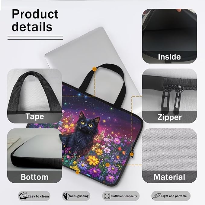 Galaxy Floral Laptop Handle Bag for Women 10 Inch Computer Protect Case Pouch Holder Black Cat Notebook Sleeve Neoprene Cover Soft Carrying Travel for 10-17 Inch Chromebook