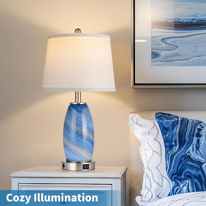 Lovlast Blue Lamps Set of 2 for Bedroom & Bedside with 3-Way Lighting Modes & USB C+A - Modern Style Glass Nightstand Table Lamps for Living Room & Bedroom Decoration (23.5" H)